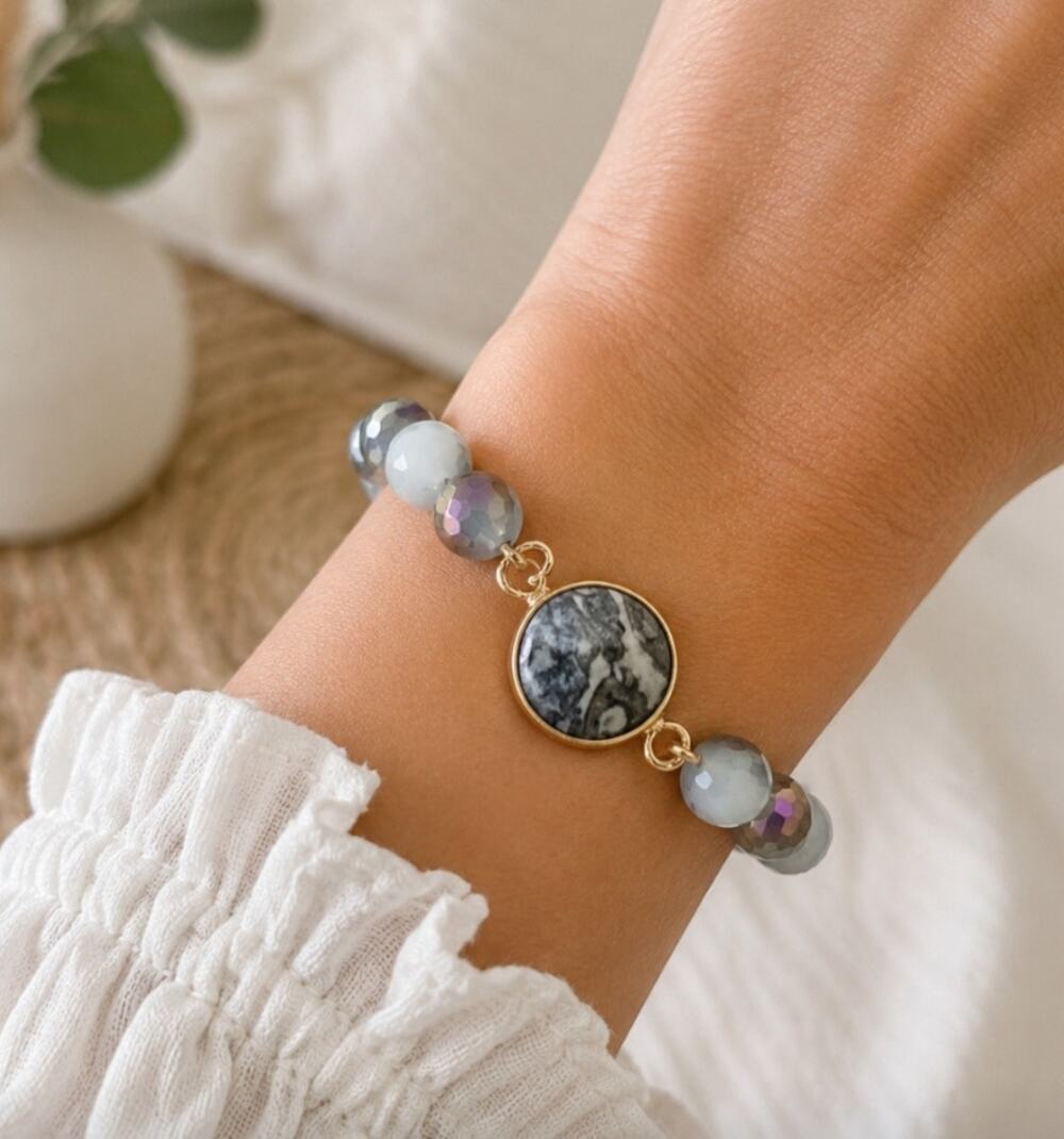 Pomina Gray Semi Precious Stone.Stretch Bracelet   New
